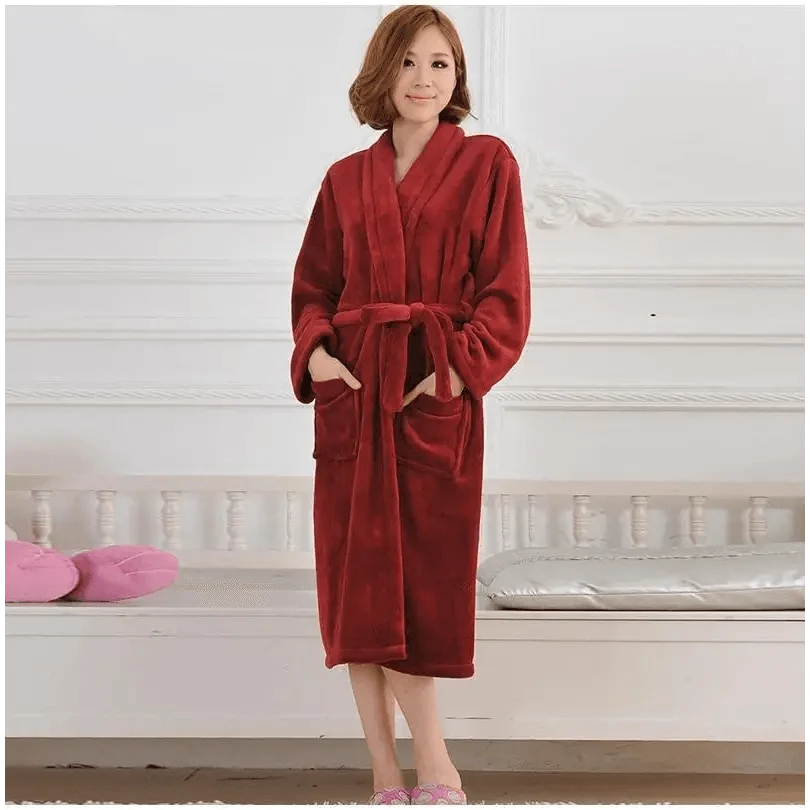Unisex fleece bathrobe in red with belt and front pockets, knee-length Stevvex on Tampa Home & Garden Store