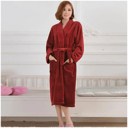 Unisex fleece bathrobe in red with belt and front pockets, knee-length Stevvex on Tampa Home & Garden Store