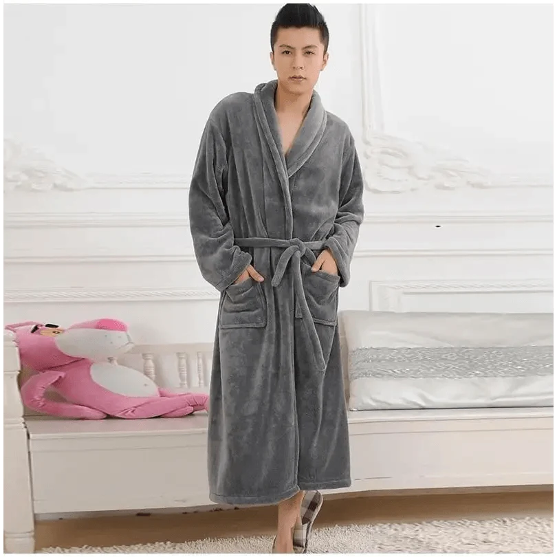 Unisex Stevvex gray fleece bathrobe with belt, front pockets, mid-calf length on Tampa Home & Garden Store