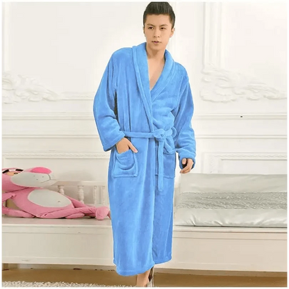 Unisex fleece bathrobe by Stevvex in bright blue with shawl collar, belt, and front pockets on Tampa Home & Garden Store