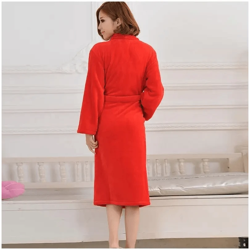 Unisex fleece bathrobe by Stevvex, red knee-length with belt for cozy indoor sleepwear on Tampa Home & Garden Store