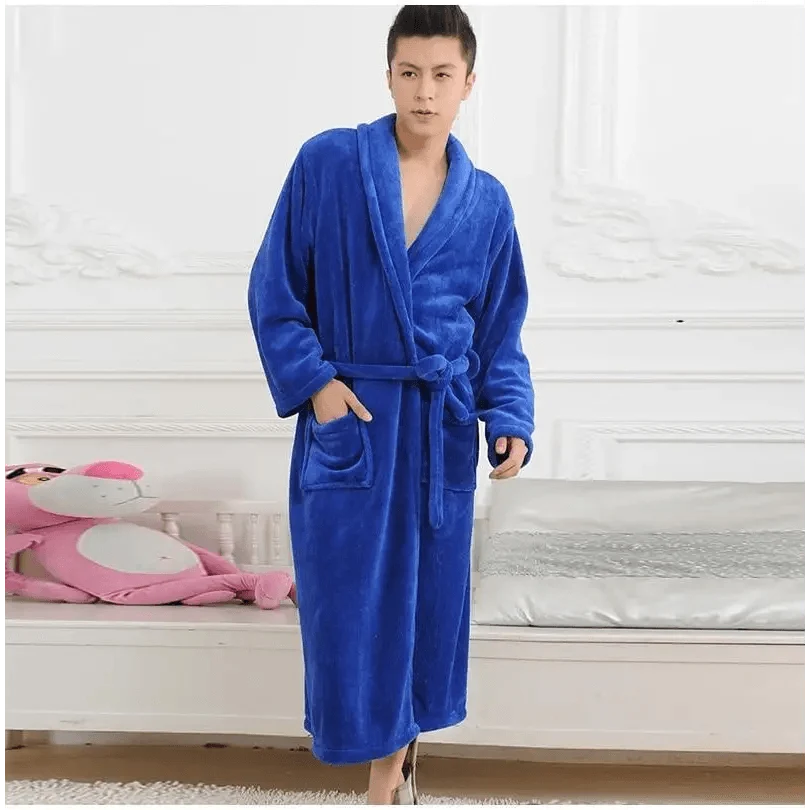 Unisex fleece bathrobe Stevvex royal blue knee-length with belt and patch pockets on Tampa Home & Garden Store