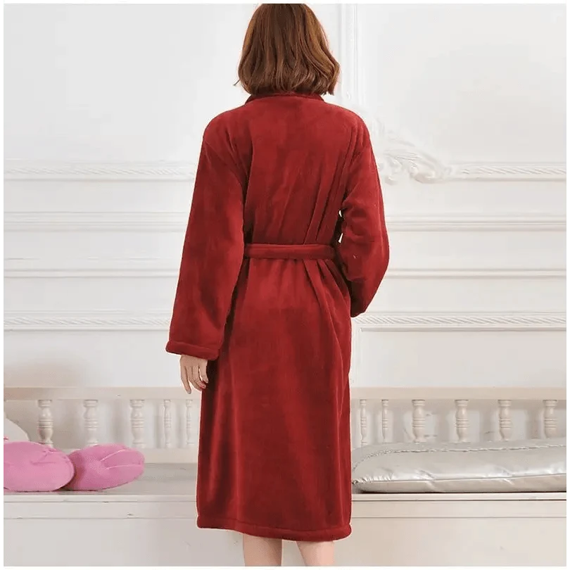 Stevvex unisex fleece bathrobe burgundy red knee-length with belt, cozy indoor sleepwear on Tampa Home & Garden Store