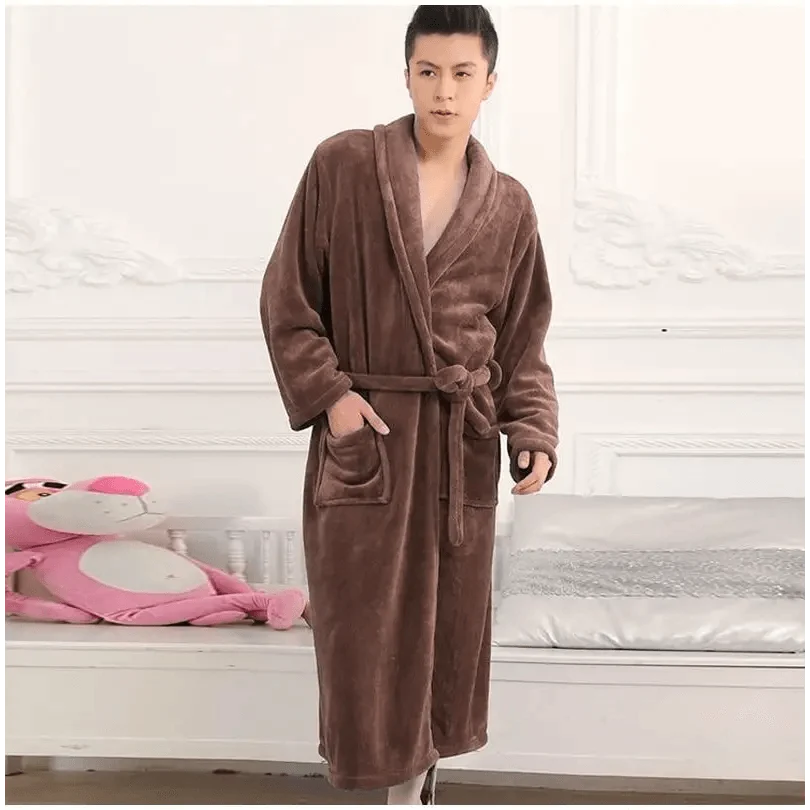 Stevvex unisex fleece bathrobe in brown with belt and pockets on Tampa Home & Garden Store