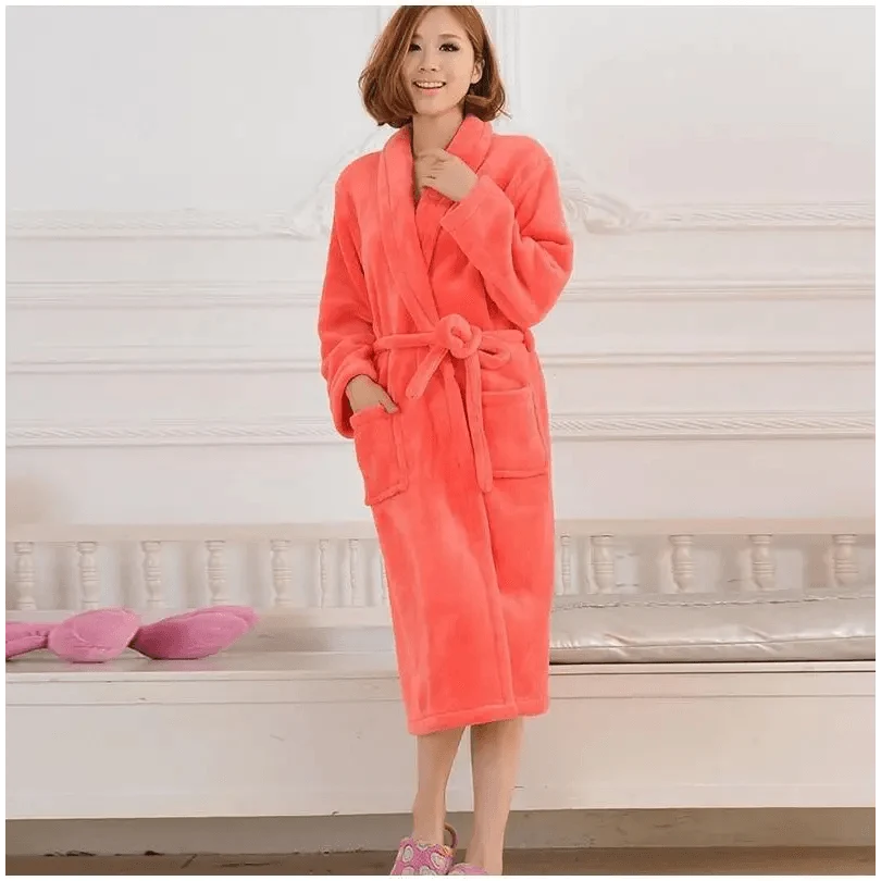 Stevvex unisex coral fleece bathrobe with belt, knee-length, cozy pockets on Tampa Home & Garden Store