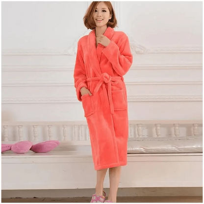 Stevvex unisex coral fleece bathrobe with belt, knee-length, cozy pockets on Tampa Home & Garden Store