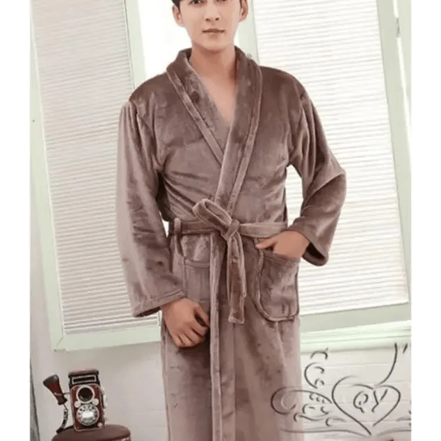 Stevvex unisex fleece bathrobe in brown with belt and front pockets, cozy winter loungewear on Tampa Home & Garden Store