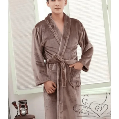 Stevvex unisex fleece bathrobe in brown with belt and front pockets, cozy winter loungewear on Tampa Home & Garden Store