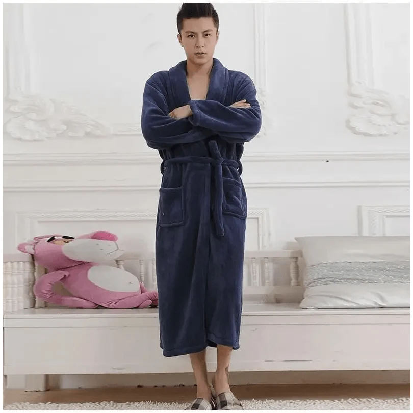 Unisex Stevvex fleece bathrobe in navy with belt and patch pockets, mid-length on Tampa Home & Garden Store