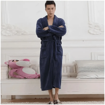 Unisex Stevvex fleece bathrobe in navy with belt and patch pockets, mid-length on Tampa Home & Garden Store
