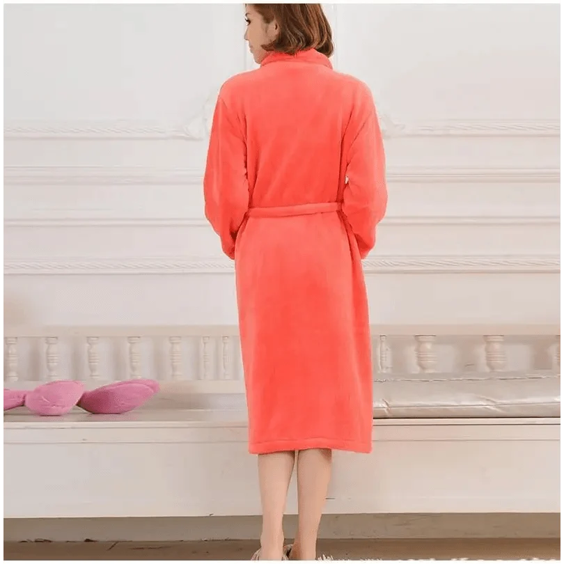 Stevvex unisex fleece bathrobe coral orange knee-length with belt back view on Tampa Home & Garden Store