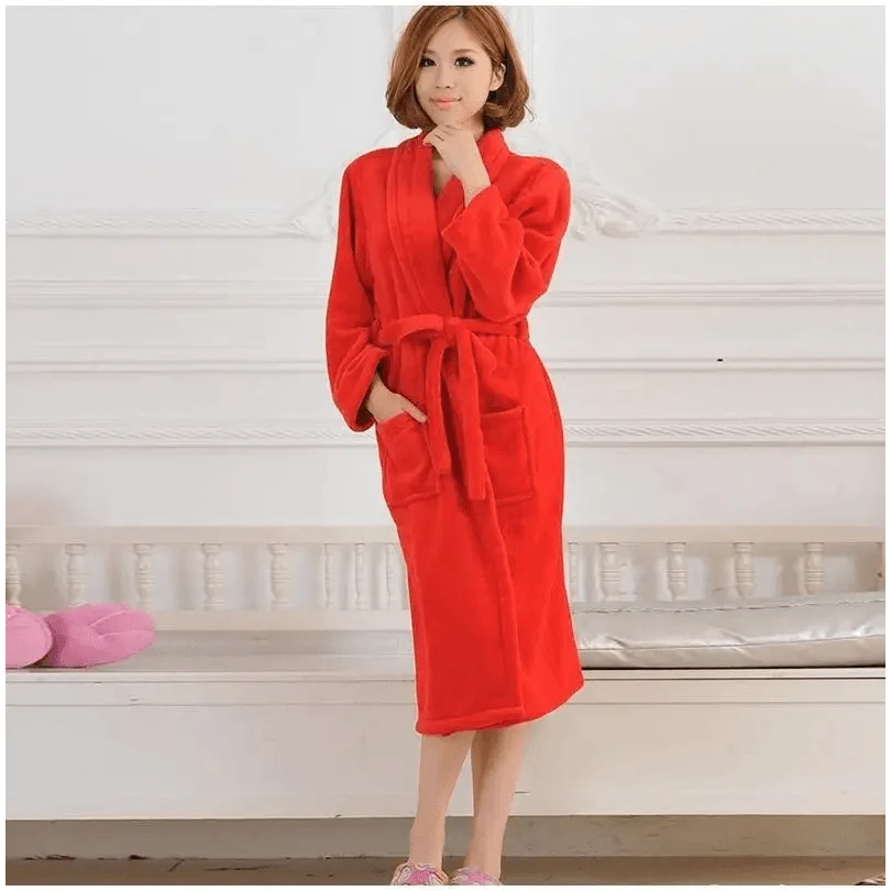 Stevvex unisex red fleece bathrobe with belt and front pockets knee-length on Tampa Home & Garden Store