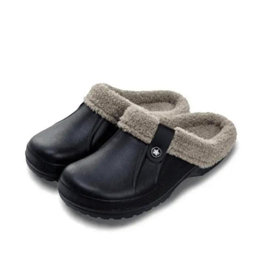 Stevvex unisex black indoor slippers with beige plush fur lining, warm fleece-lined clogs on Tampa Home & Garden Store