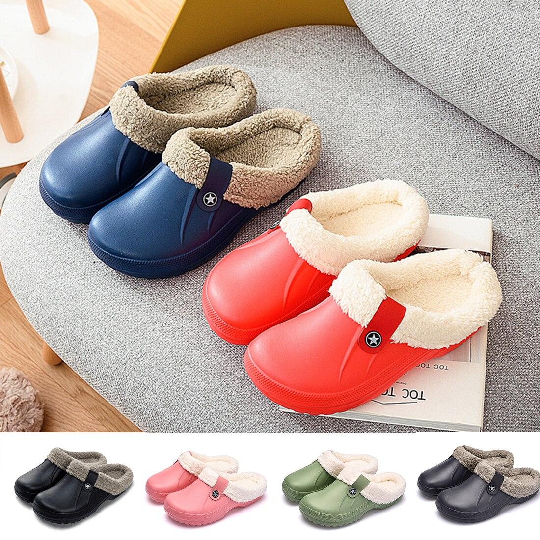 Stevvex unisex winter fur slippers, blue and red clogs with cream plush lining for indoors on Tampa Home & Garden Store