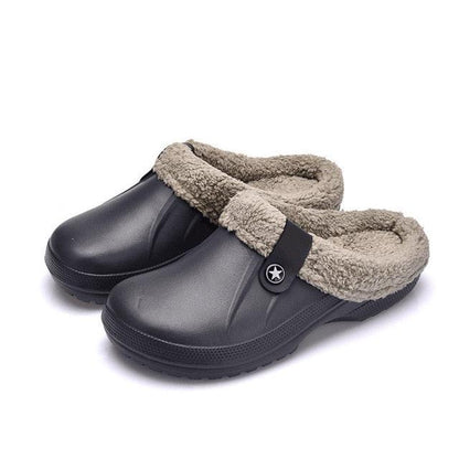 Unisex winter fur-lined clogs; dark grey upper, beige plush lining, indoor slippers on Tampa Home & Garden Store