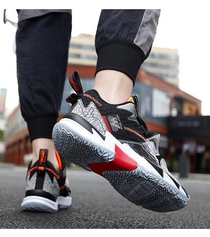 Stevvex high-top basketball sneakers, black gray with orange accents, breathable outsole 2 shown on Tampa Home & Garden Store