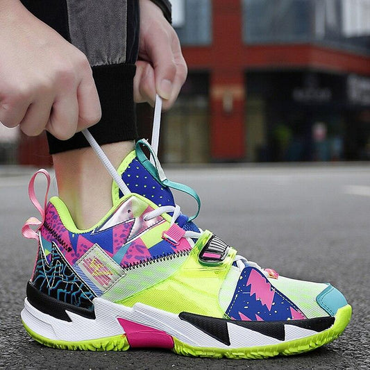 Unisex high-top breathable basketball sneaker in neon yellow, pink, blue with non-slip sole on Tampa Home & Garden Store