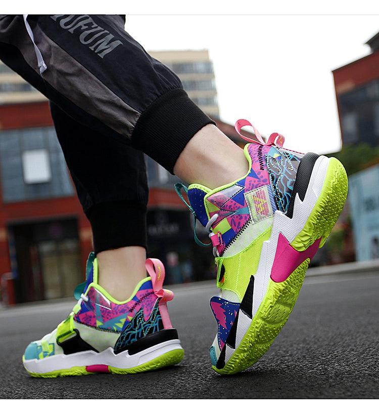 Unisex Stevvex high-top basketball shoes neon rainbow, breathable mesh, non-slip lime outsole on Tampa Home & Garden Store