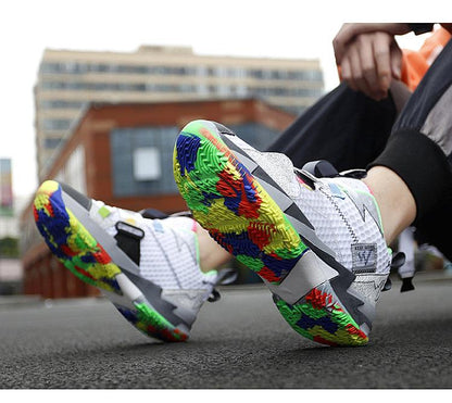 Stevvex unisex high-top breathable basketball shoes with rainbow multicolor outsole on Tampa Home & Garden Store
