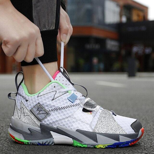 Stevvex high top basketball sneakers with white mesh, neon green lining and rainbow outsole on Tampa Home & Garden Store