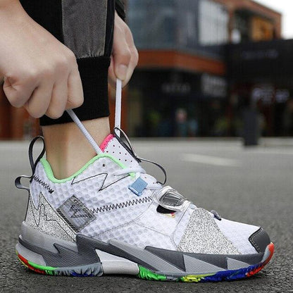 Stevvex high top basketball sneakers with white mesh, neon green lining and rainbow outsole on Tampa Home & Garden Store