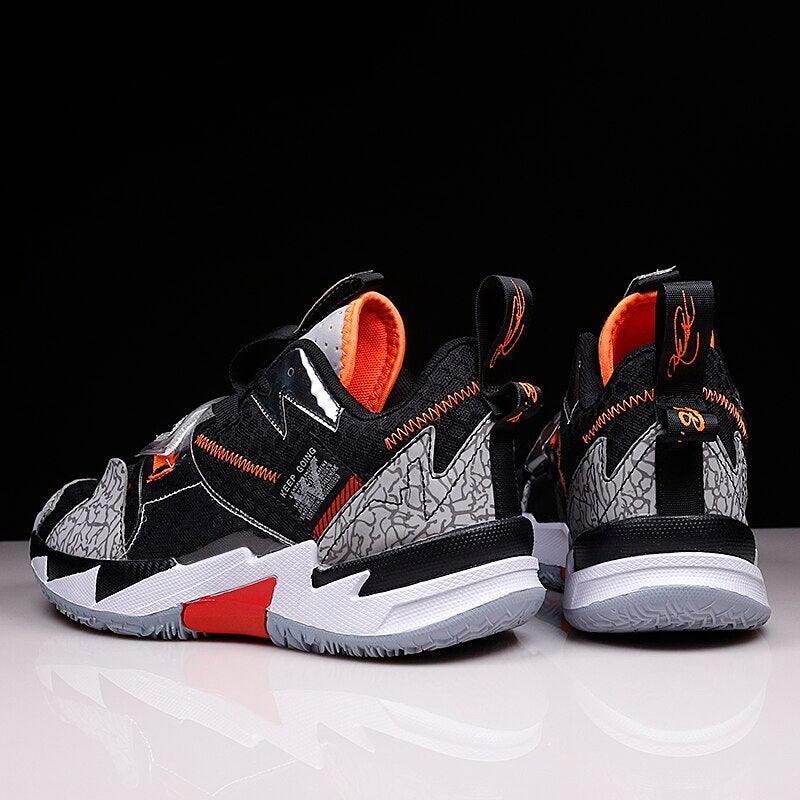 High-top basketball shoes, Stevvex, black/orange with grey panels, non-slip sole on Tampa Home & Garden Store