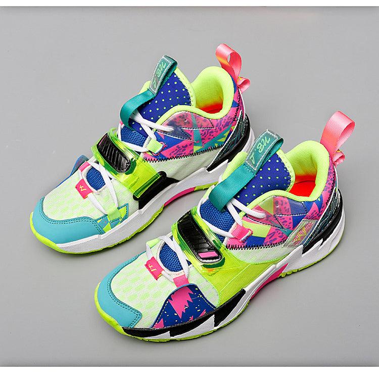 Unisex high-top basketball shoes by Stevvex in neon rainbow colors, breathable non-slip sole on Tampa Home & Garden Store