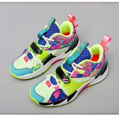 Unisex high-top basketball shoes by Stevvex in neon rainbow colors, breathable non-slip sole on Tampa Home & Garden Store