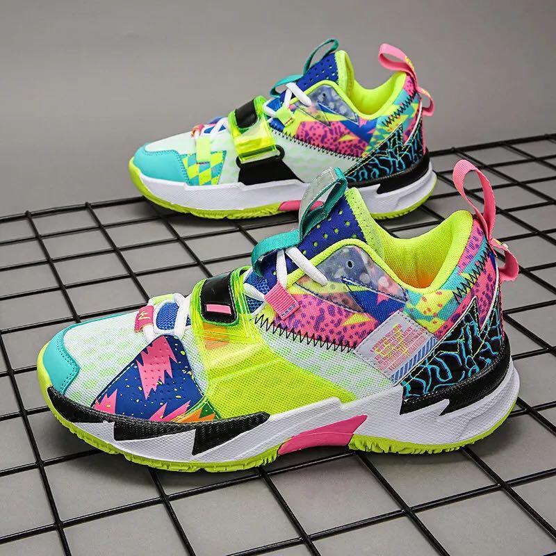 Pair of unisex rainbow high-top basketball shoes with breathable mesh, neon sole, non-slip grip on Tampa Home & Garden Store