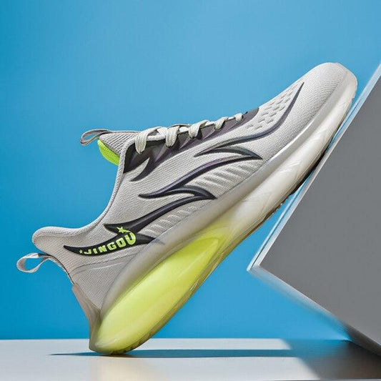 Unisex modern casual sneakers with gray mesh upper, neon lime sole and JINGOU logo on side on Tampa Home & Garden Store