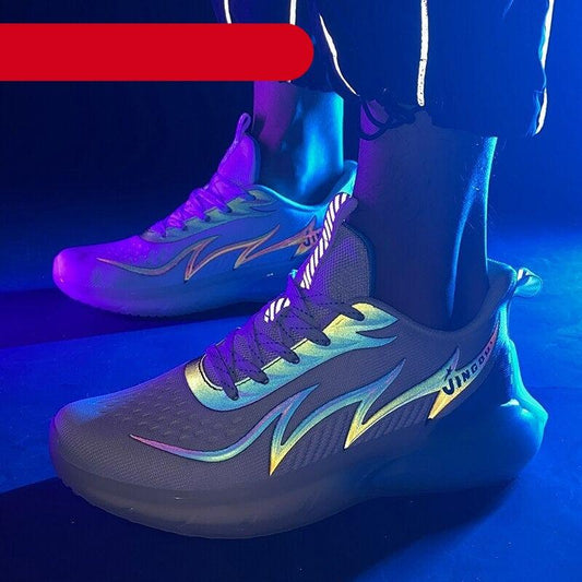Unisex fluorescent sneakers Stevvex under blacklight breathable mesh mixed colors pair on Tampa Home & Garden Store