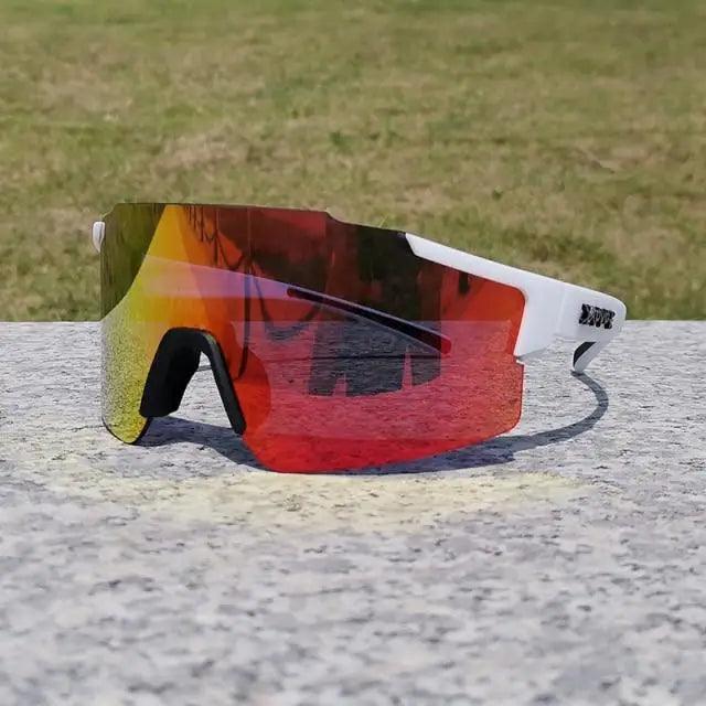 Unisex Stevvex polarized sunglasses with red–yellow mirrored lenses and white frame on Tampa Home & Garden Store