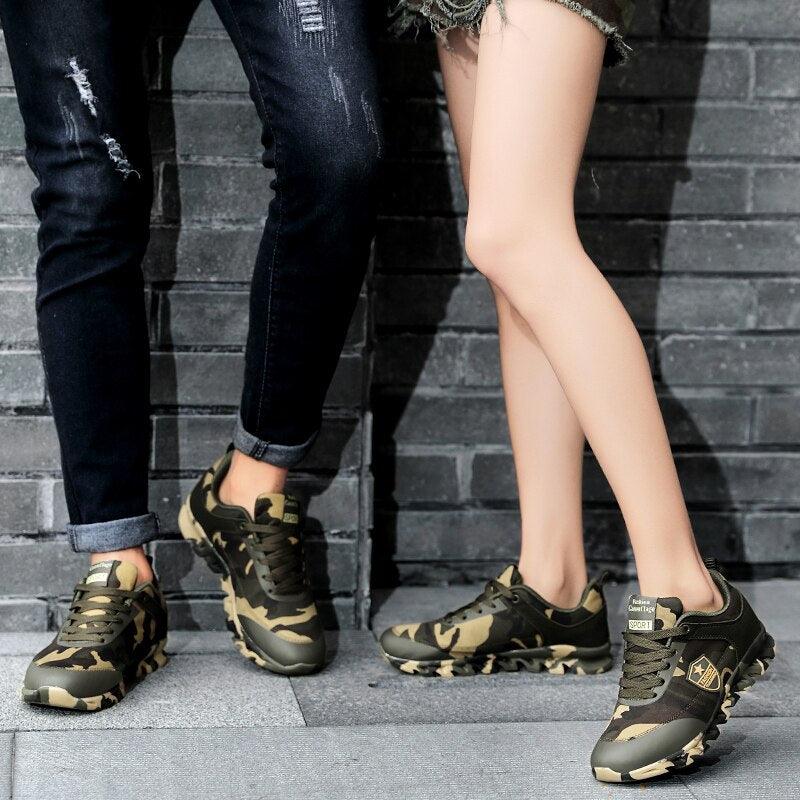 Unisex Running Sneakers camouflage green Stevvex athletic shoes with rugged outsole two pairs shown on Tampa Home & Garden Store