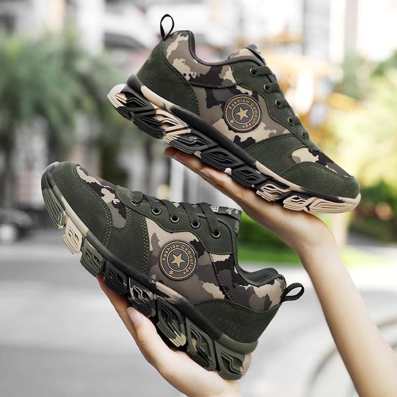 Stevvex camouflage athletic sneakers, unisex green camo running shoes with rugged outsole, pair on Tampa Home & Garden Store