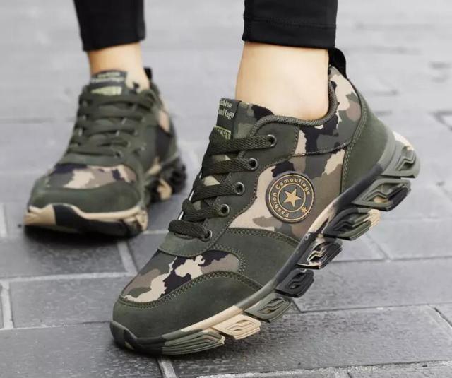 Stevvex camouflage athletic sneakers, unisex lightweight running shoes with camo print, pair on Tampa Home & Garden Store