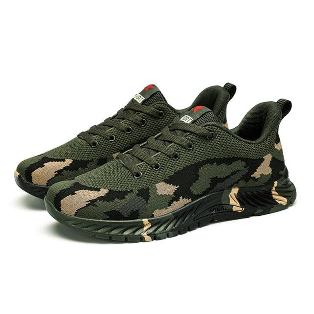 Unisex camouflage green athletic sneakers by Stevvex with breathable knit upper and black sole on Tampa Home & Garden Store