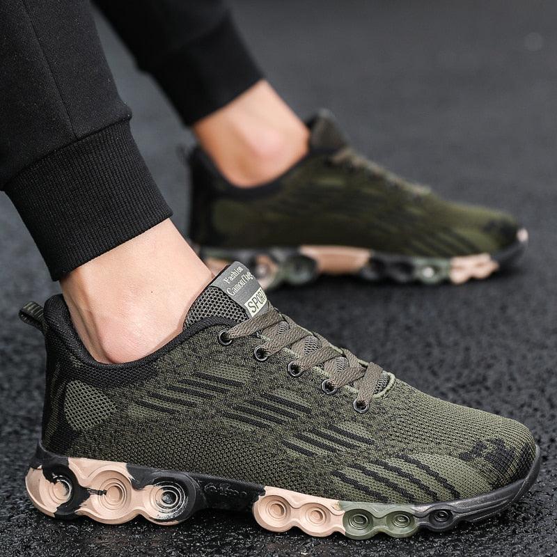 Unisex camouflage green running sneakers Stevvex breathable knit upper with cushioned sole on Tampa Home & Garden Store