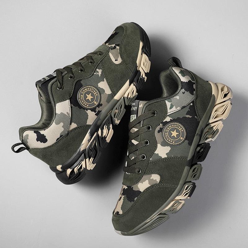 Stevvex camouflage athletic sneakers pair in green camo with beige/black sole on Tampa Home & Garden Store