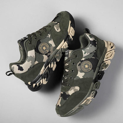 Stevvex camouflage athletic sneakers pair in green camo with beige/black sole on Tampa Home & Garden Store