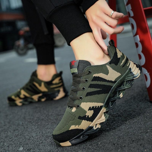 Stevvex camouflage green athletic sneakers, breathable knit upper, lightweight running shoes on Tampa Home & Garden Store