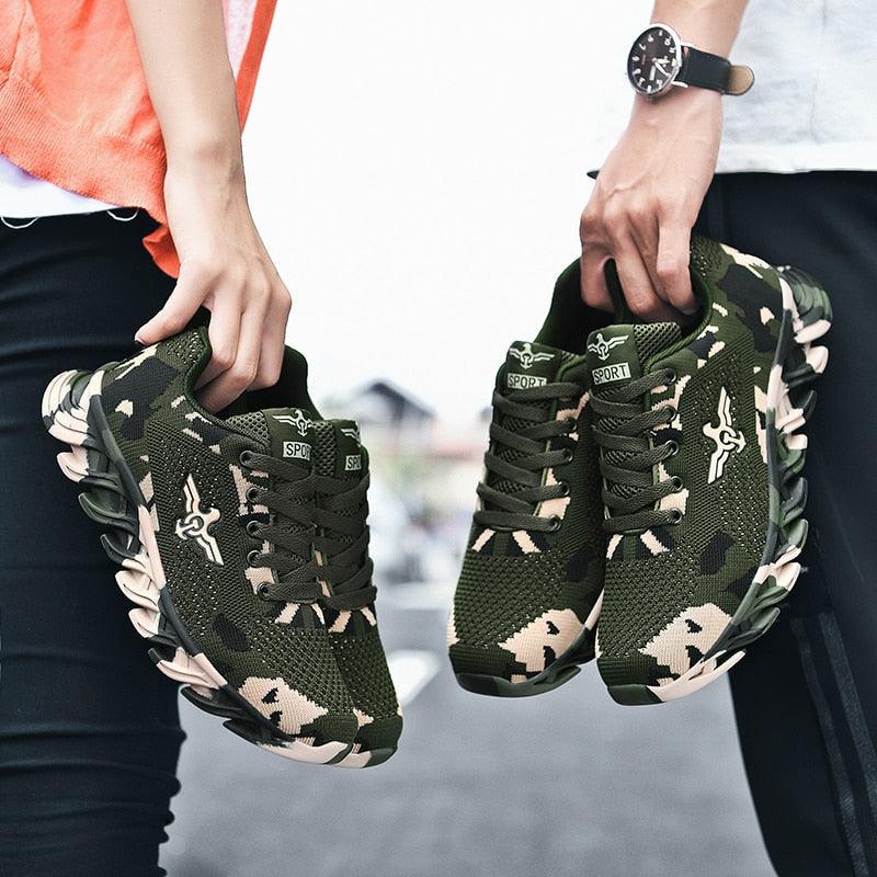 Unisex camouflage green running sneakers; breathable mesh upper, lightweight athletic shoes on Tampa Home & Garden Store
