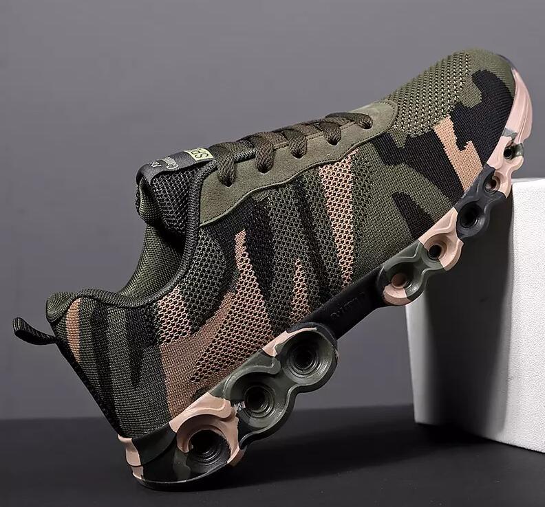 Stevvex unisex camouflage athletic sneaker with olive mesh upper and circular outsole pods on Tampa Home & Garden Store