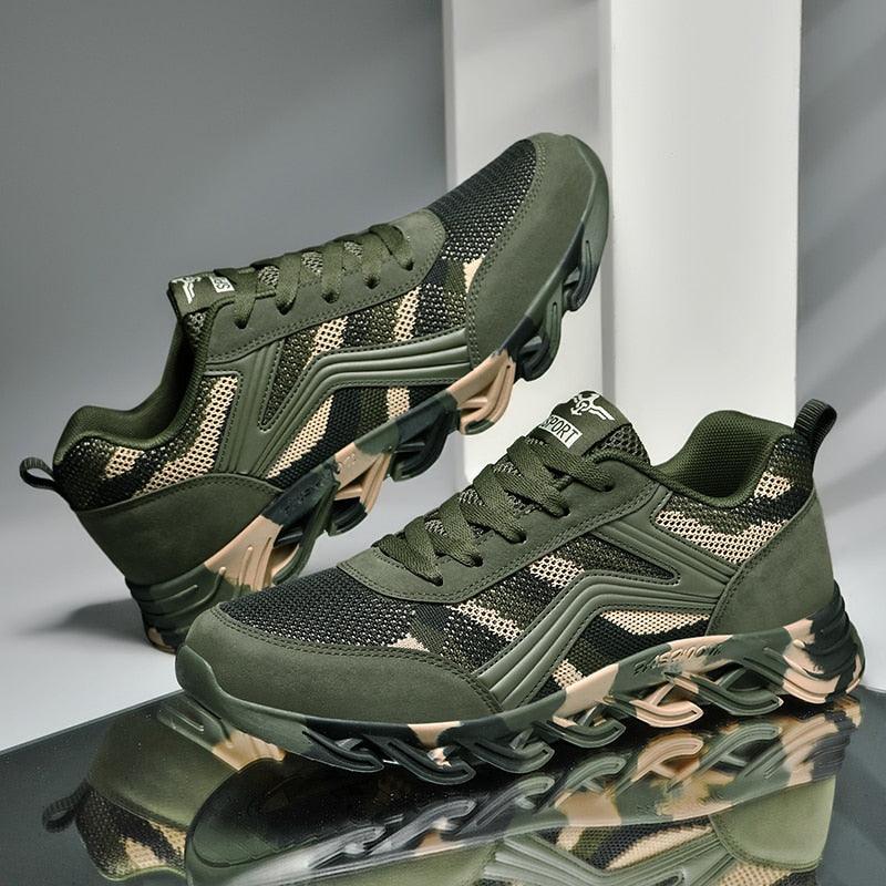 Unisex running athletic sneakers camouflage green Stevvex breathable mesh pair for workouts on Tampa Home & Garden Store