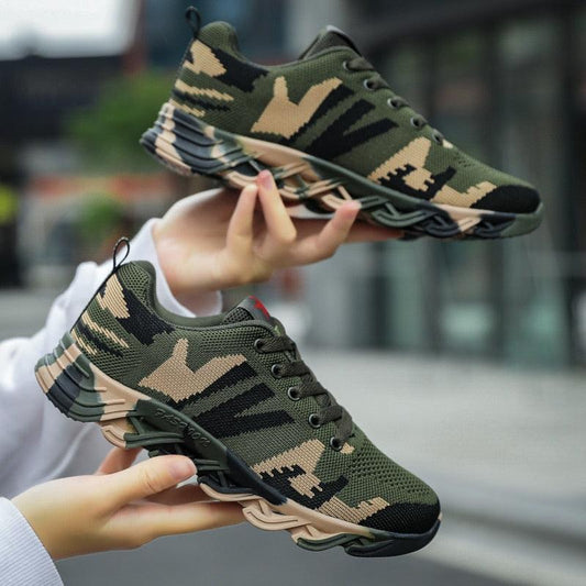 Stevvex unisex camouflage running sneakers pair breathable knit upper in green camo on Tampa Home & Garden Store