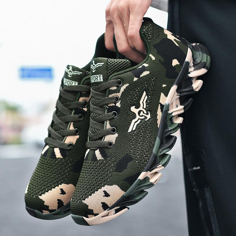 Stevvex camouflage athletic shoes, green knit upper, lightweight running sneakers pair on Tampa Home & Garden Store