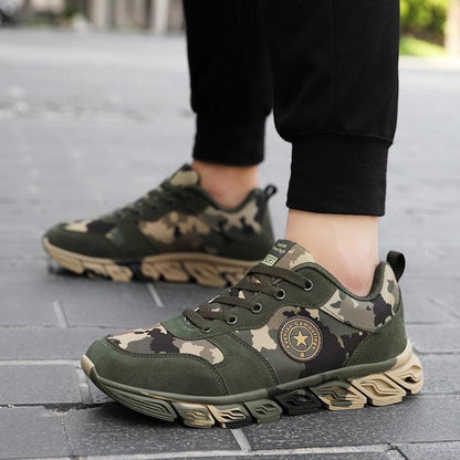 Stevvex camouflage green running sneakers pair with breathable upper and rugged beige sole on Tampa Home & Garden Store