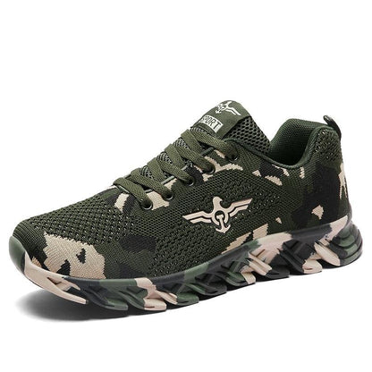 Stevvex camouflage green athletic sneakers, breathable knit upper, wing logo on side on Tampa Home & Garden Store