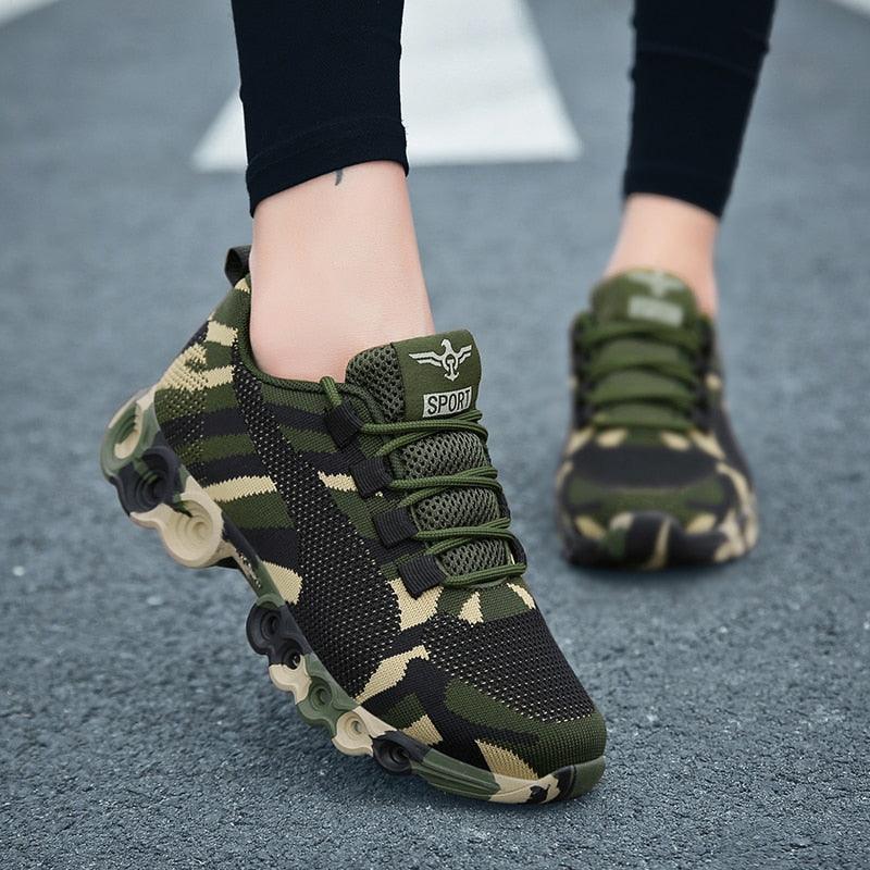 Unisex camouflage green running sneakers, Stevvex athletic shoes with breathable mesh on Tampa Home & Garden Store
