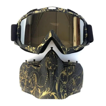 Snowboard goggles by Stevvex with detachable mask, black/gold swirl pattern, mirrored lenses on Tampa Home & Garden Store