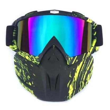 Stevvex snowboard goggles with detachable mask, mirrored rainbow lens, black frame, camo strap on Tampa Home & Garden Store